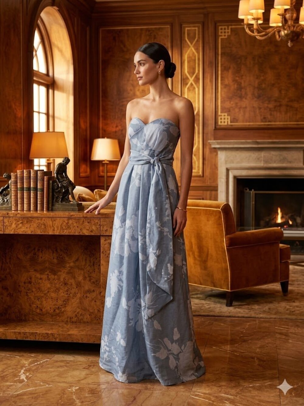 Donna Karan Strapless Light Blue Floral Tie-Waist Dress size 2